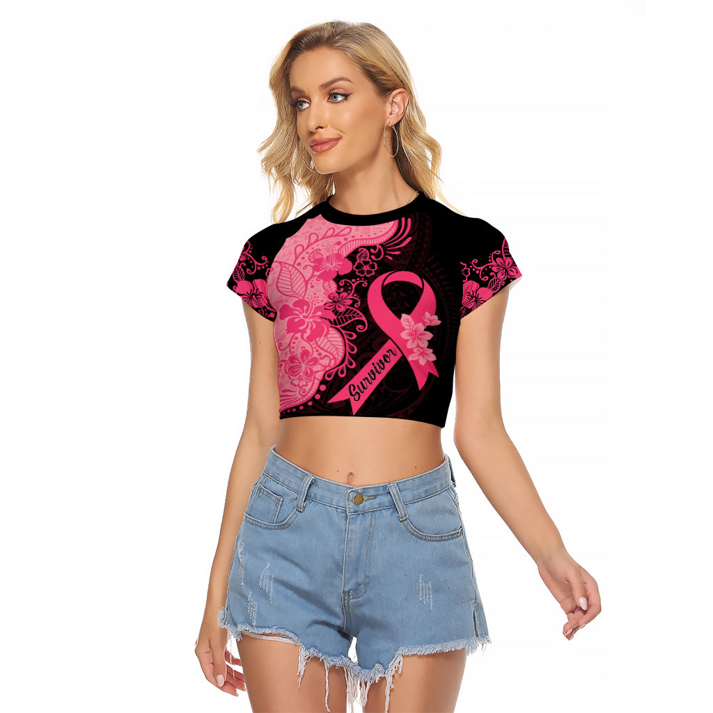 Polynesian Raglan Cropped T Shirt Plumeria Breast Cancer Awareness Survivor Ribbon Pink LT7 Female Black Pink - Polynesian Pride