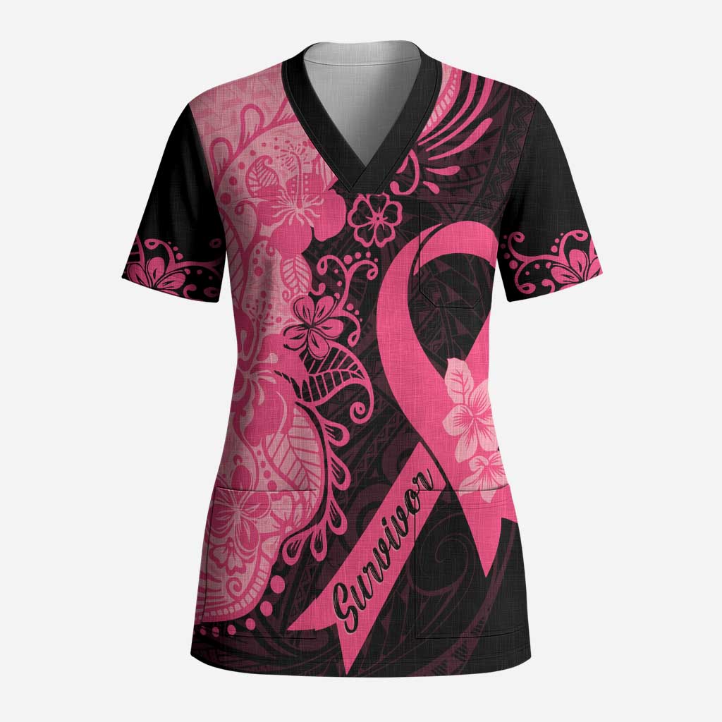 Polynesian Scrub Top Plumeria Breast Cancer Awareness Survivor Ribbon Pink LT7 Adult Black Pink - Polynesian Pride