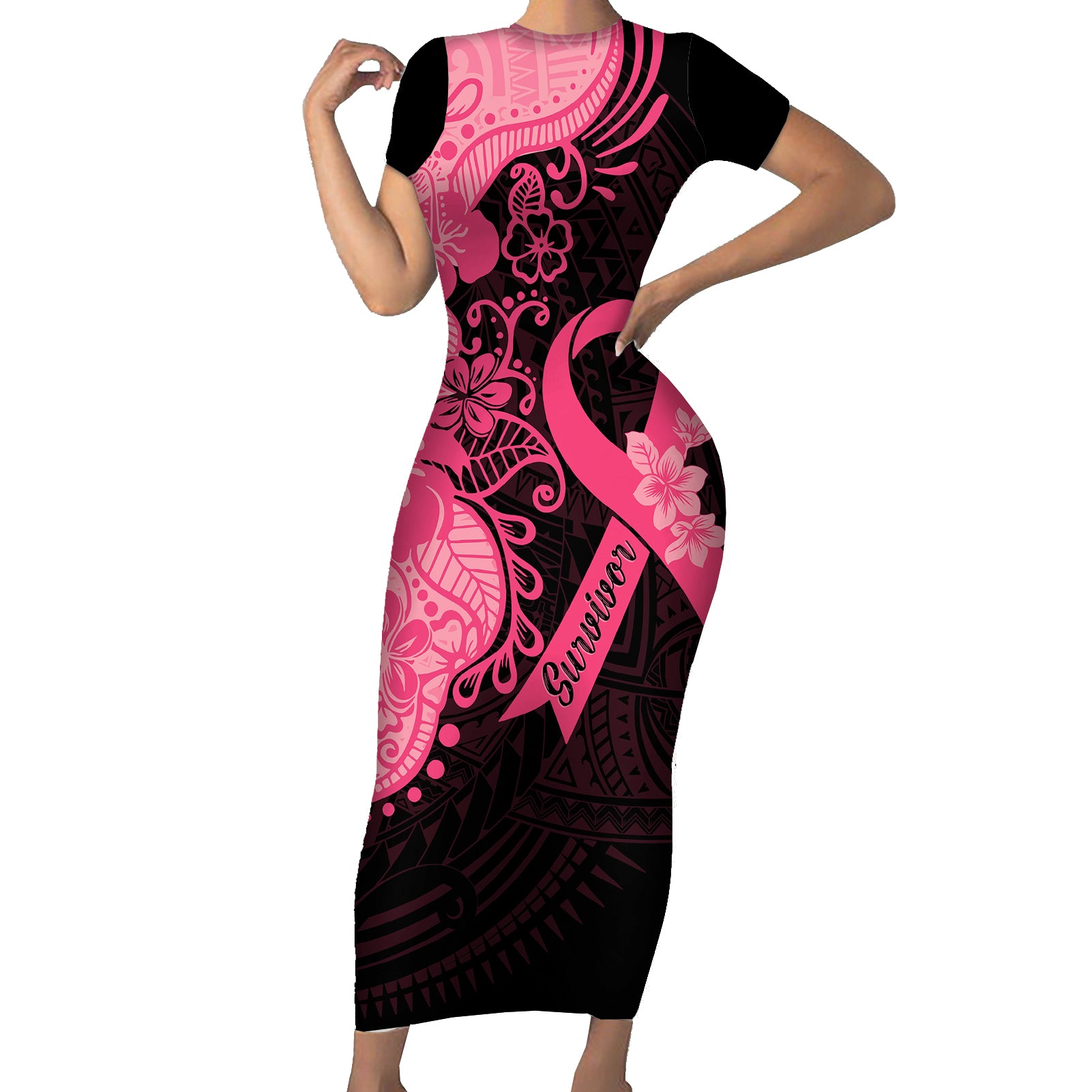 Polynesian Short Sleeve Bodycon Dress Plumeria Breast Cancer Awareness Survivor Ribbon Pink LT7 Long Dress Black Pink - Polynesian Pride