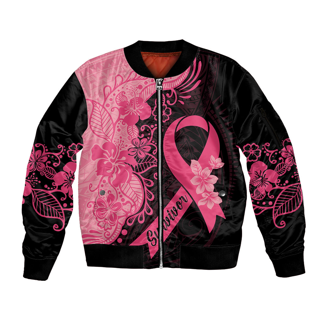 Polynesian Sleeve Zip Bomber Jacket Plumeria Breast Cancer Awareness Survivor Ribbon Pink LT7 Unisex Black Pink - Polynesian Pride