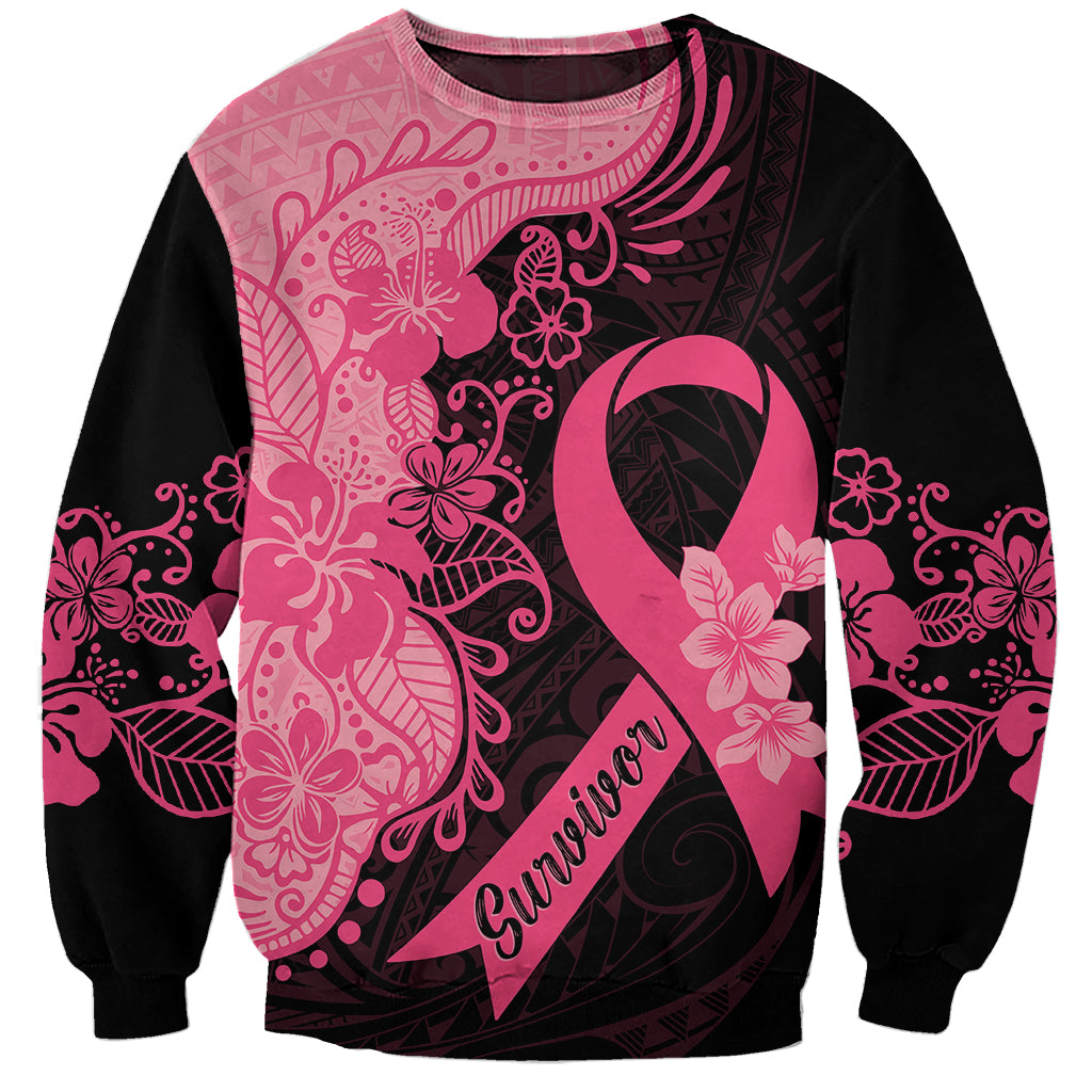 Polynesian Sweatshirt Plumeria Breast Cancer Awareness Survivor Ribbon Pink LT7 Unisex Black Pink - Polynesian Pride