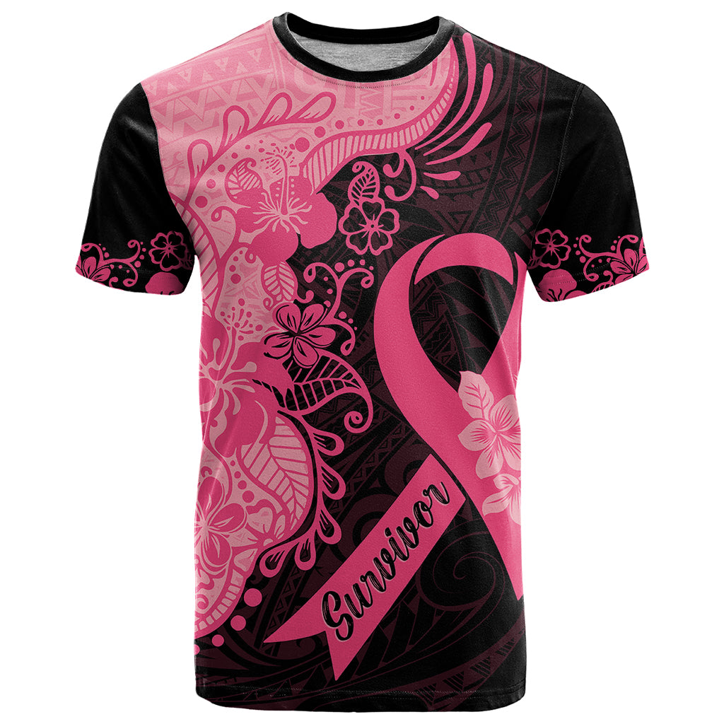 Polynesian T Shirt Plumeria Breast Cancer Awareness Survivor Ribbon Pink LT7 Black Pink - Polynesian Pride