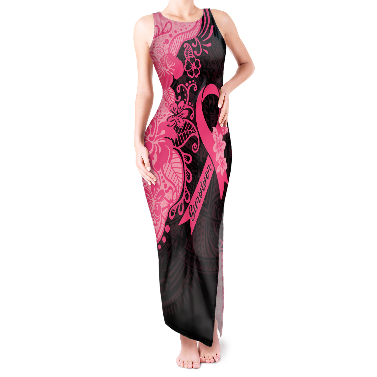 Polynesian Tank Maxi Dress Plumeria Breast Cancer Awareness Survivor Ribbon Pink LT7 Women Black Pink - Polynesian Pride