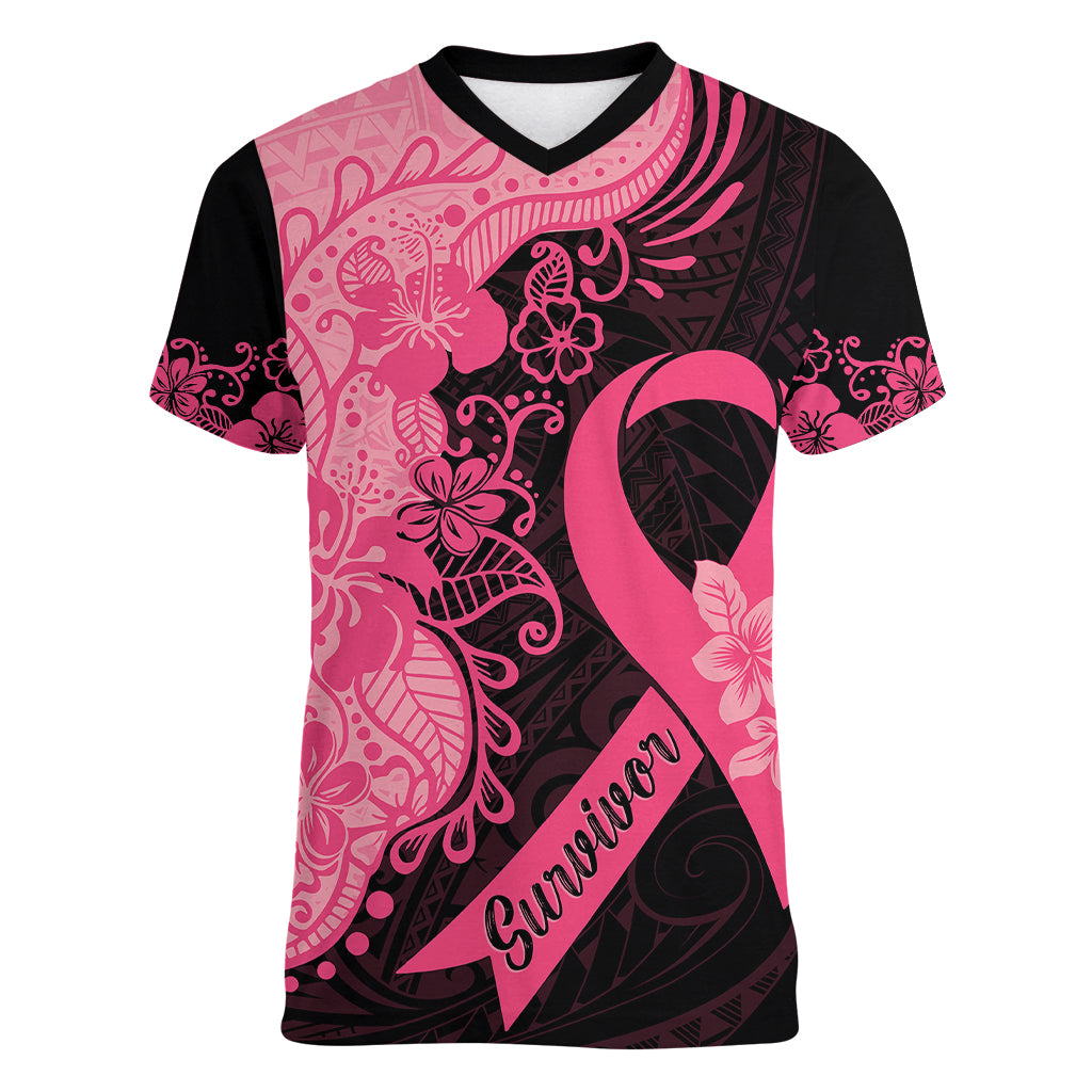 Polynesian Women V Neck T Shirt Plumeria Breast Cancer Awareness Survivor Ribbon Pink LT7 Female Black Pink - Polynesian Pride