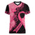 Polynesian Women V Neck T Shirt Plumeria Breast Cancer Awareness Survivor Ribbon Pink LT7 Female Black Pink - Polynesian Pride