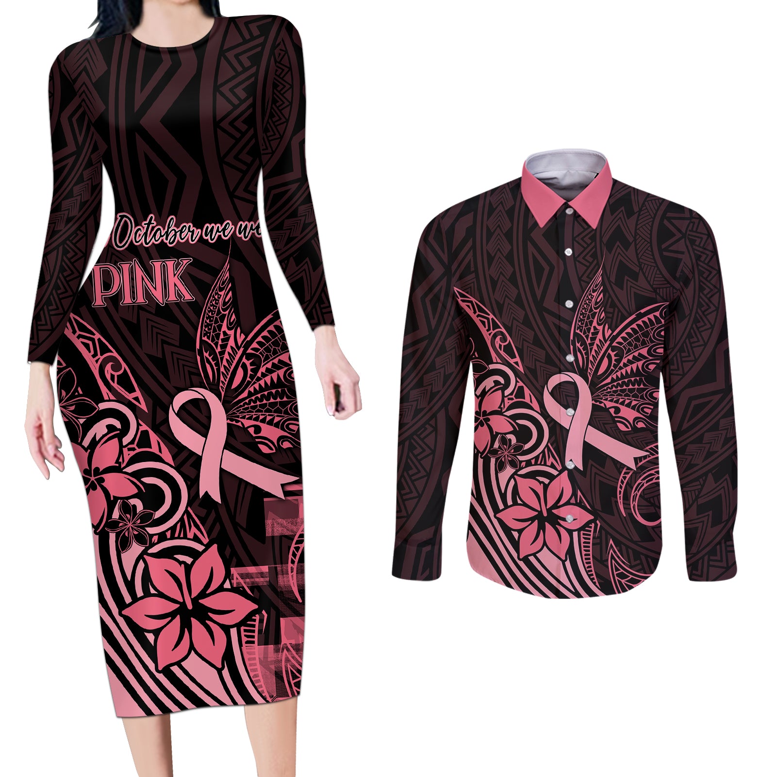 Polynesian Couples Matching Long Sleeve Bodycon Dress and Long Sleeve Button Shirts Breast Cancer RIbbon Butterfly Mix Plumeria Curves Pink LT7 Black Pink - Polynesian Pride