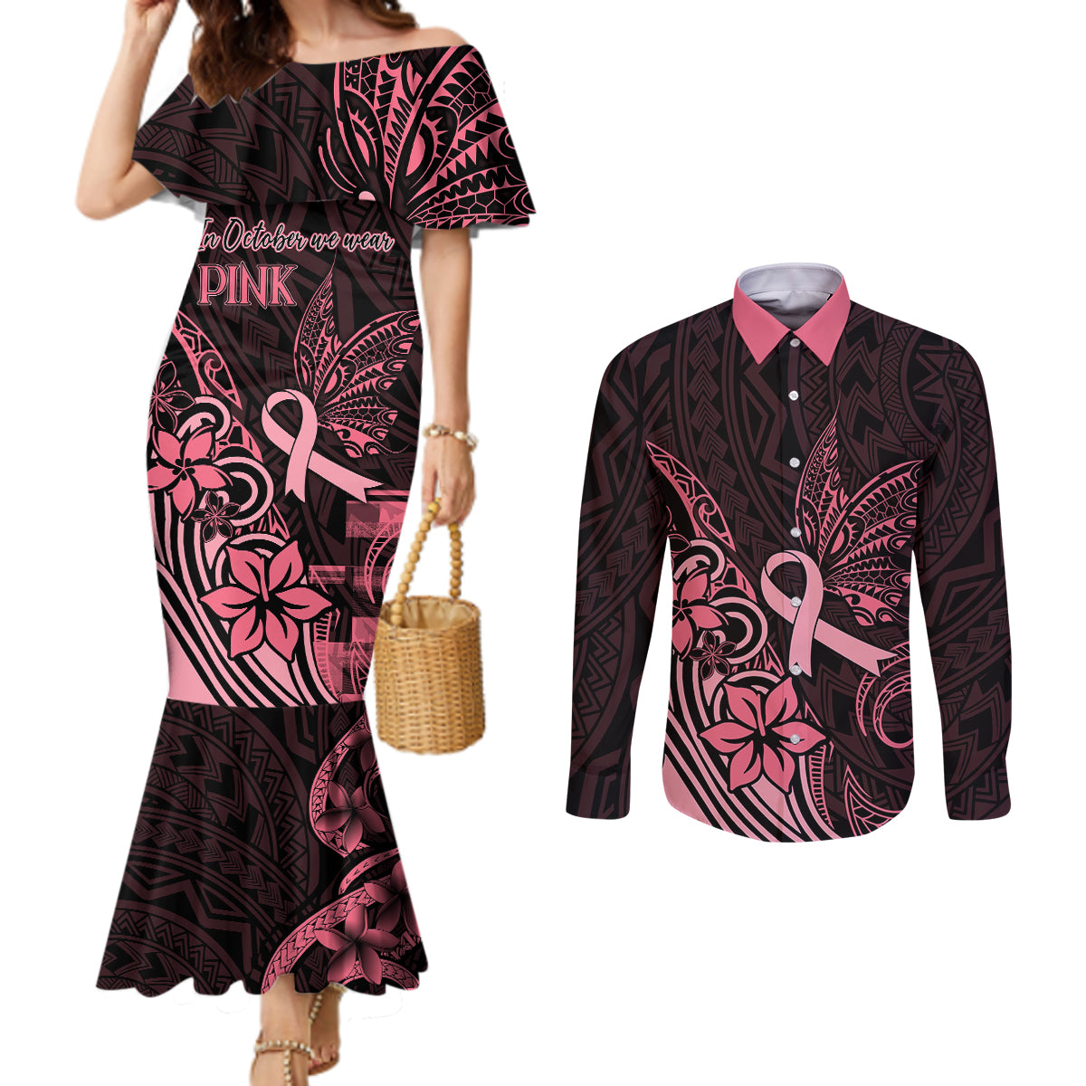 Polynesian Couples Matching Mermaid Dress and Long Sleeve Button Shirts Breast Cancer RIbbon Butterfly Mix Plumeria Curves Pink LT7 Black Pink - Polynesian Pride