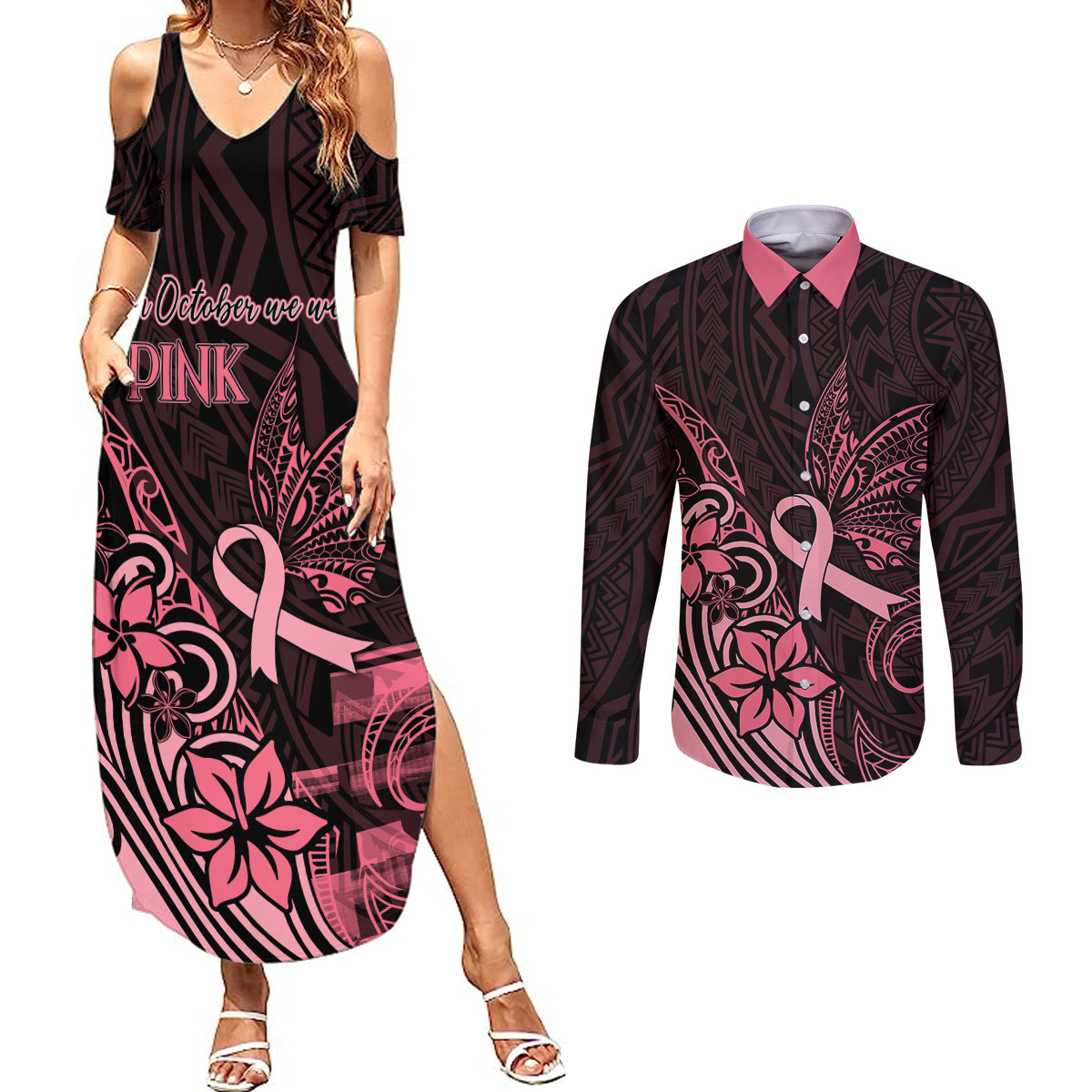 Polynesian Couples Matching Summer Maxi Dress and Long Sleeve Button Shirts Breast Cancer RIbbon Butterfly Mix Plumeria Curves Pink LT7 Black Pink - Polynesian Pride