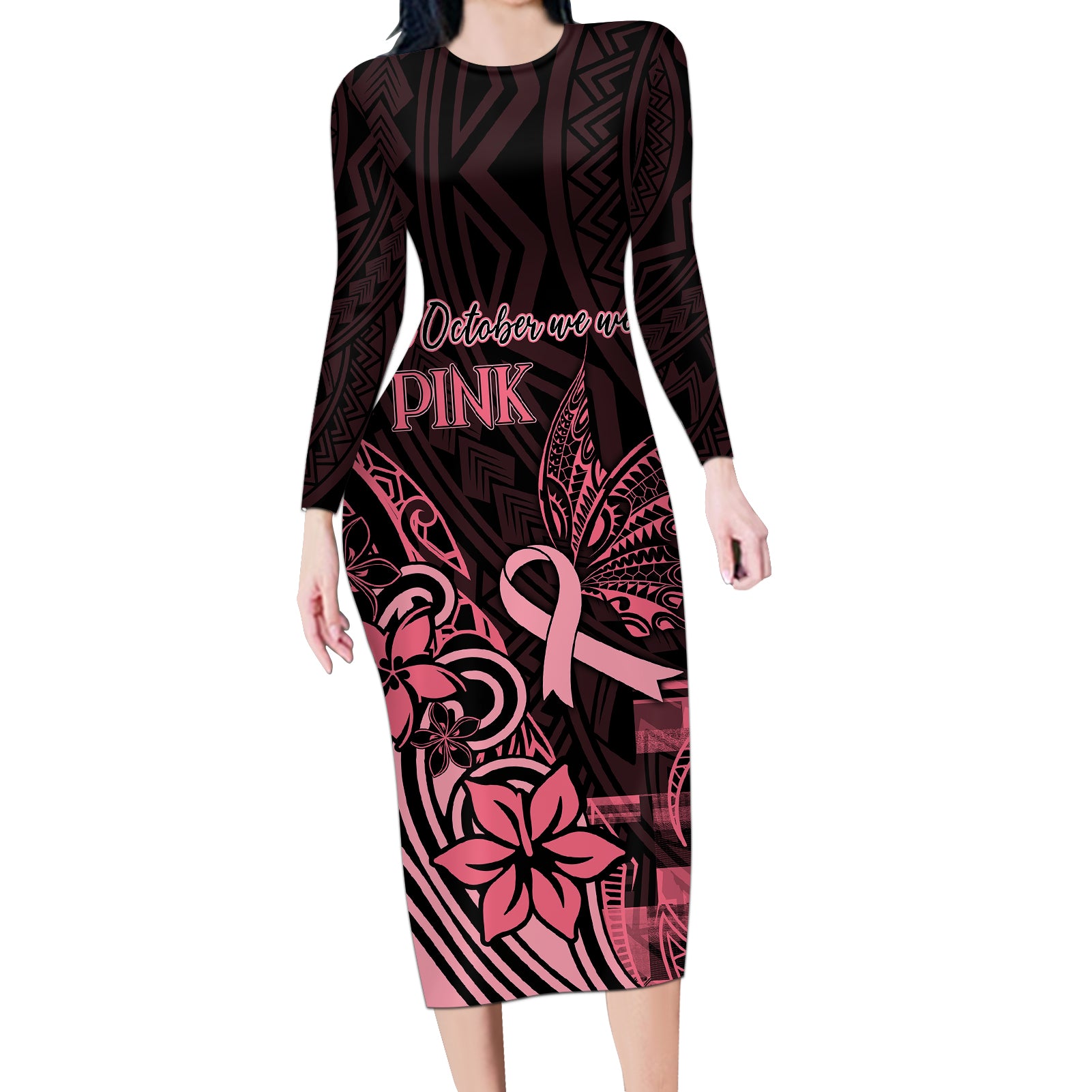 Polynesian Long Sleeve Bodycon Dress Breast Cancer RIbbon Butterfly Mix Plumeria Curves Pink LT7 Long Dress Black Pink - Polynesian Pride