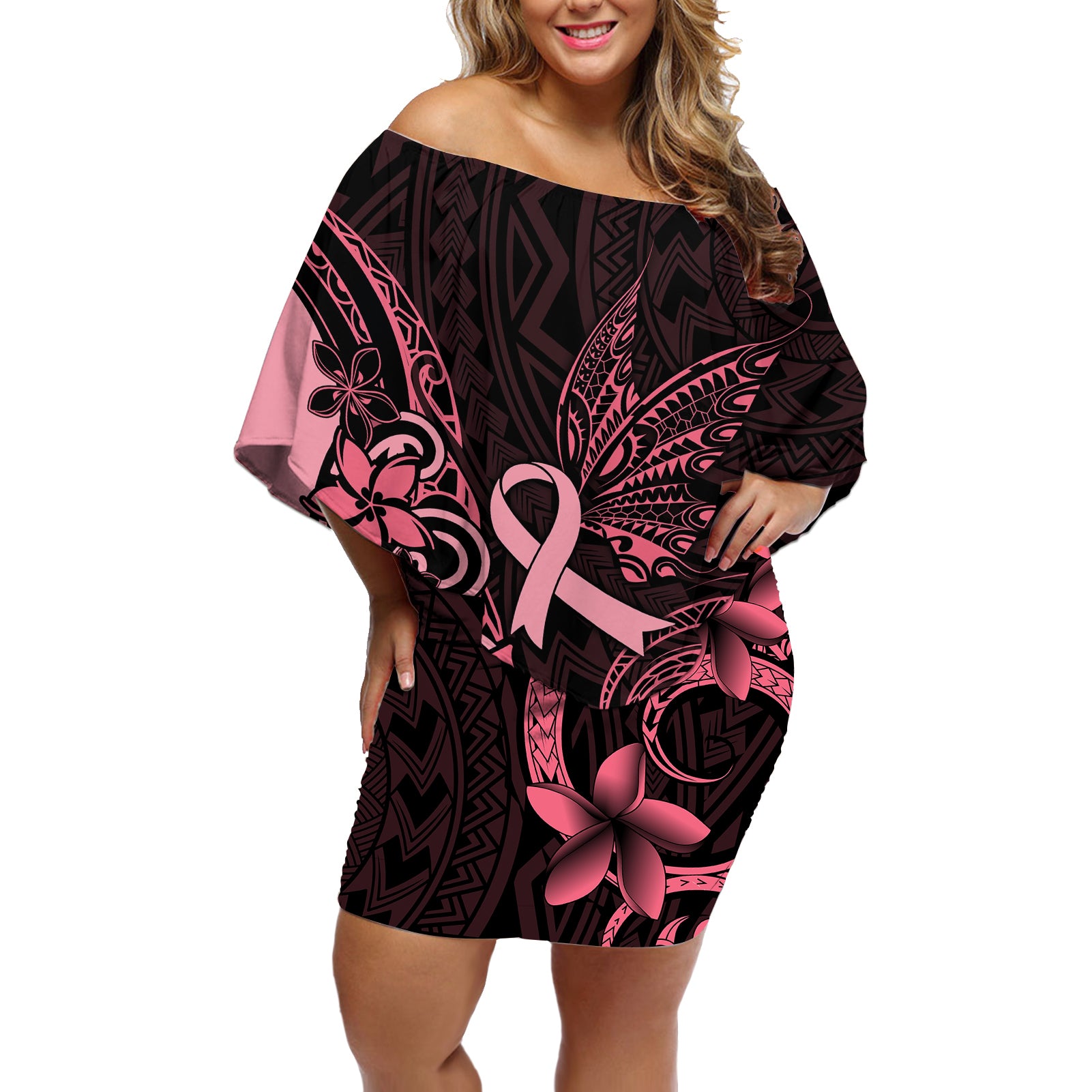 Polynesian Off Shoulder Short Dress Breast Cancer RIbbon Butterfly Mix Plumeria Curves Pink LT7 Women Black Pink - Polynesian Pride