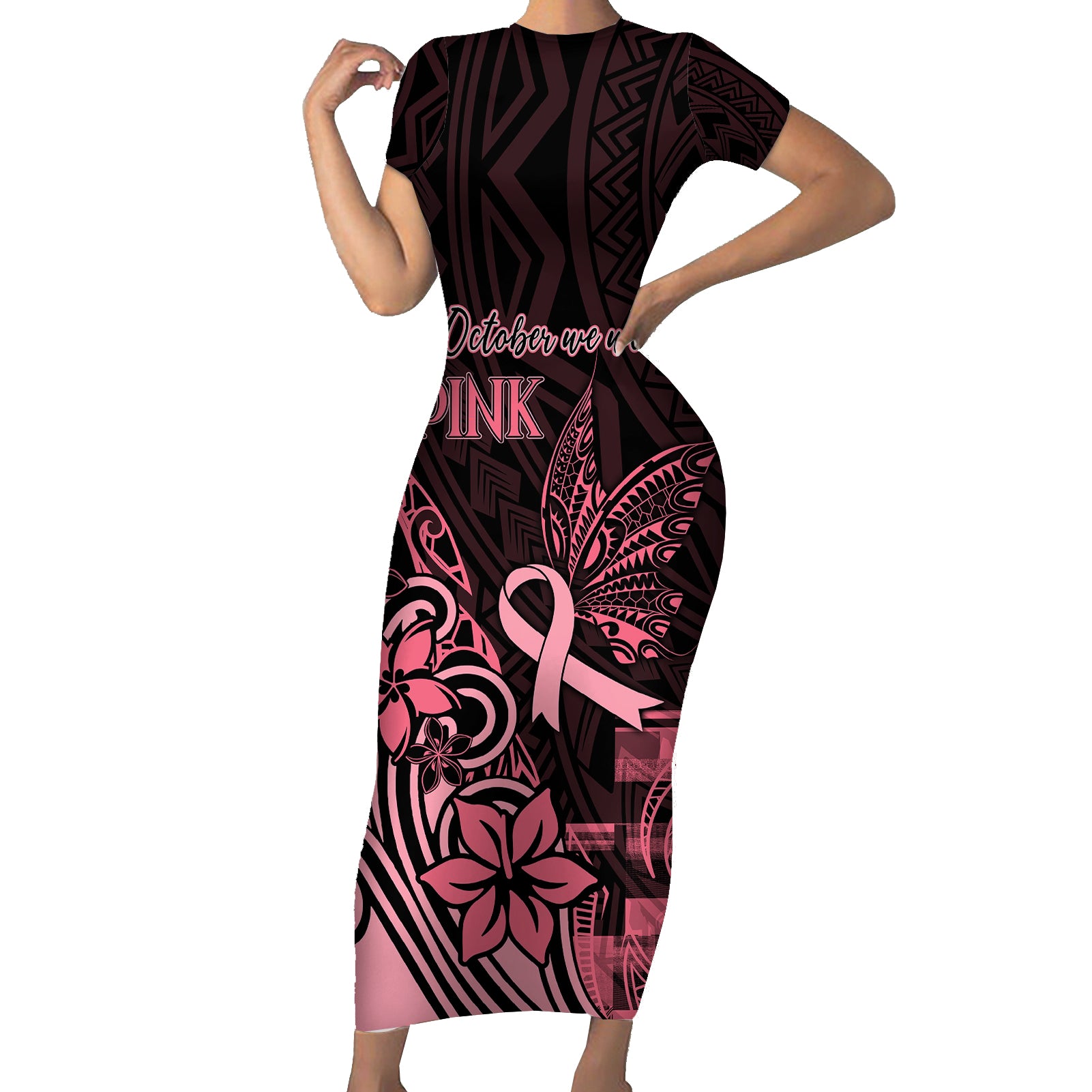 Polynesian Short Sleeve Bodycon Dress Breast Cancer RIbbon Butterfly Mix Plumeria Curves Pink LT7 Long Dress Black Pink - Polynesian Pride