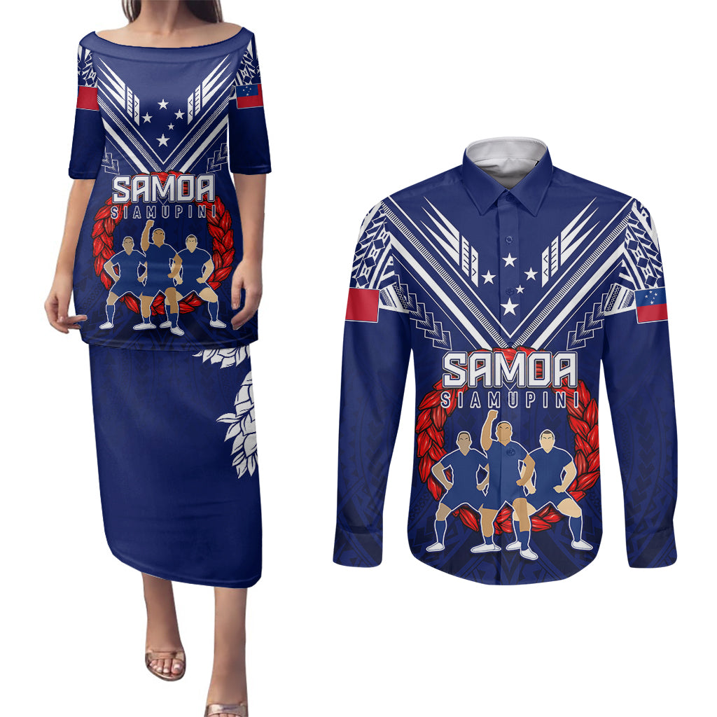 Personalised Samoa Rugby Couples Matching Puletasi Dress and Long Sleeve Button Shirts World Cup 2023 Siamupini Siva Tau LT7 Blue - Polynesian Pride