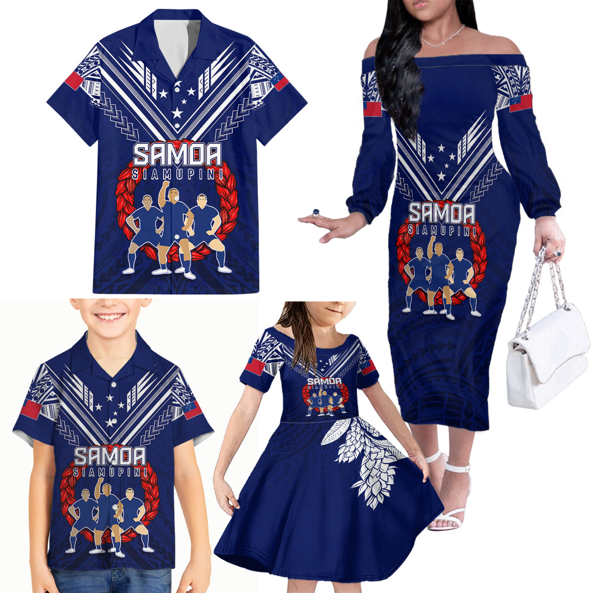 Personalised Samoa Rugby Family Matching Off Shoulder Long Sleeve Dress and Hawaiian Shirt World Cup 2023 Siamupini Siva Tau LT7 - Polynesian Pride