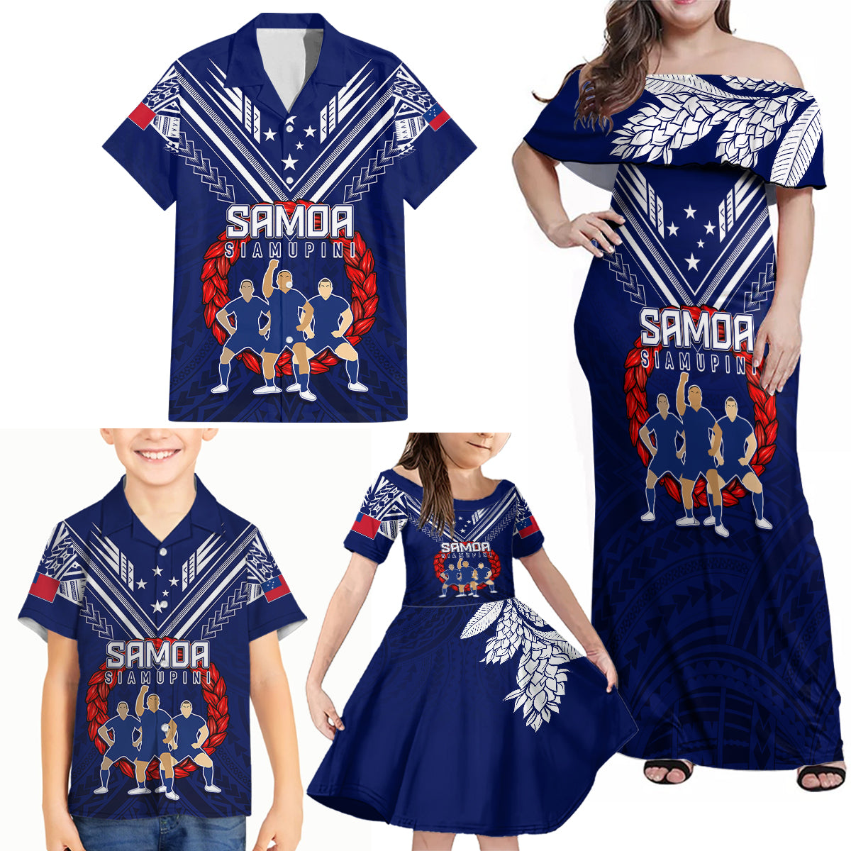 Personalised Samoa Rugby Family Matching Off Shoulder Maxi Dress and Hawaiian Shirt World Cup 2023 Siamupini Siva Tau LT7 - Polynesian Pride