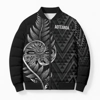 New Zealand Ta Moko Silver Fern Bomber Puffer Jacket Taniko Taniwha Motifs LT7 Unisex Black - Polynesian Pride