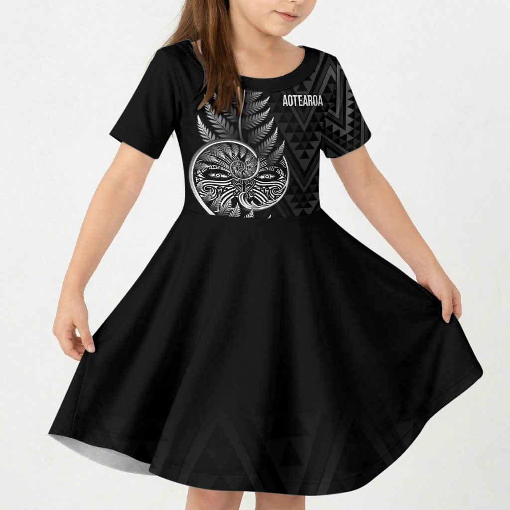 New Zealand Ta Moko Silver Fern Kid Short Sleeve Dress Taniko Taniwha Motifs