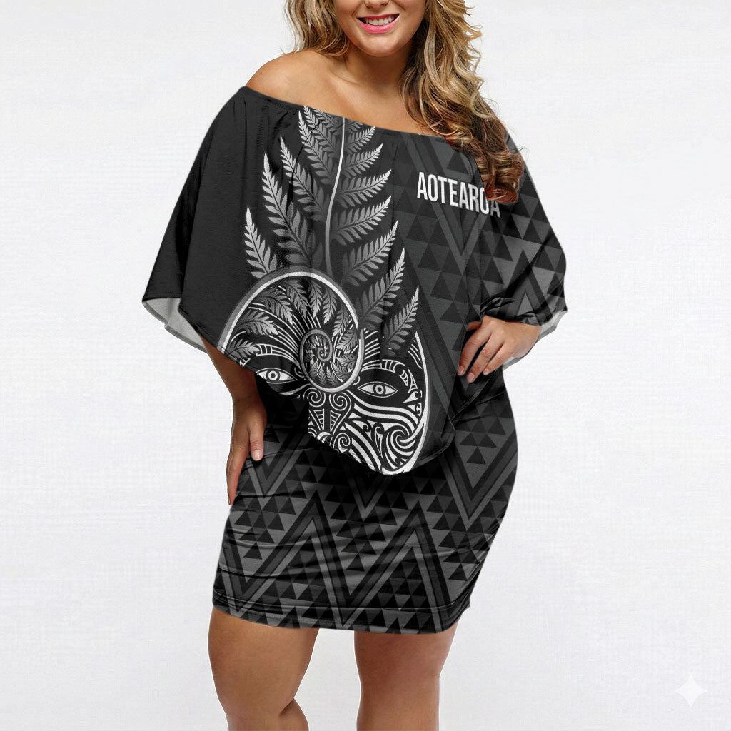 New Zealand Ta Moko Silver Fern Off Shoulder Short Dress Taniko Taniwha Motifs LT7 Women Black - Polynesian Pride