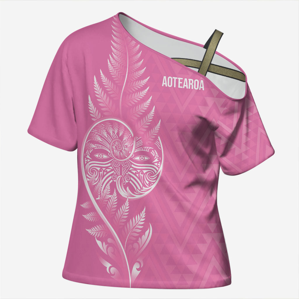 New Zealand Ta Moko Silver Fern Pink Cross Shoulder Shirt Taniko Taniwha Motifs