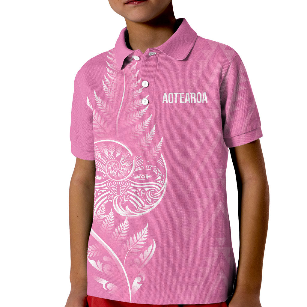 New Zealand Ta Moko Silver Fern Pink Kid Polo Shirt Taniko Taniwha Motifs