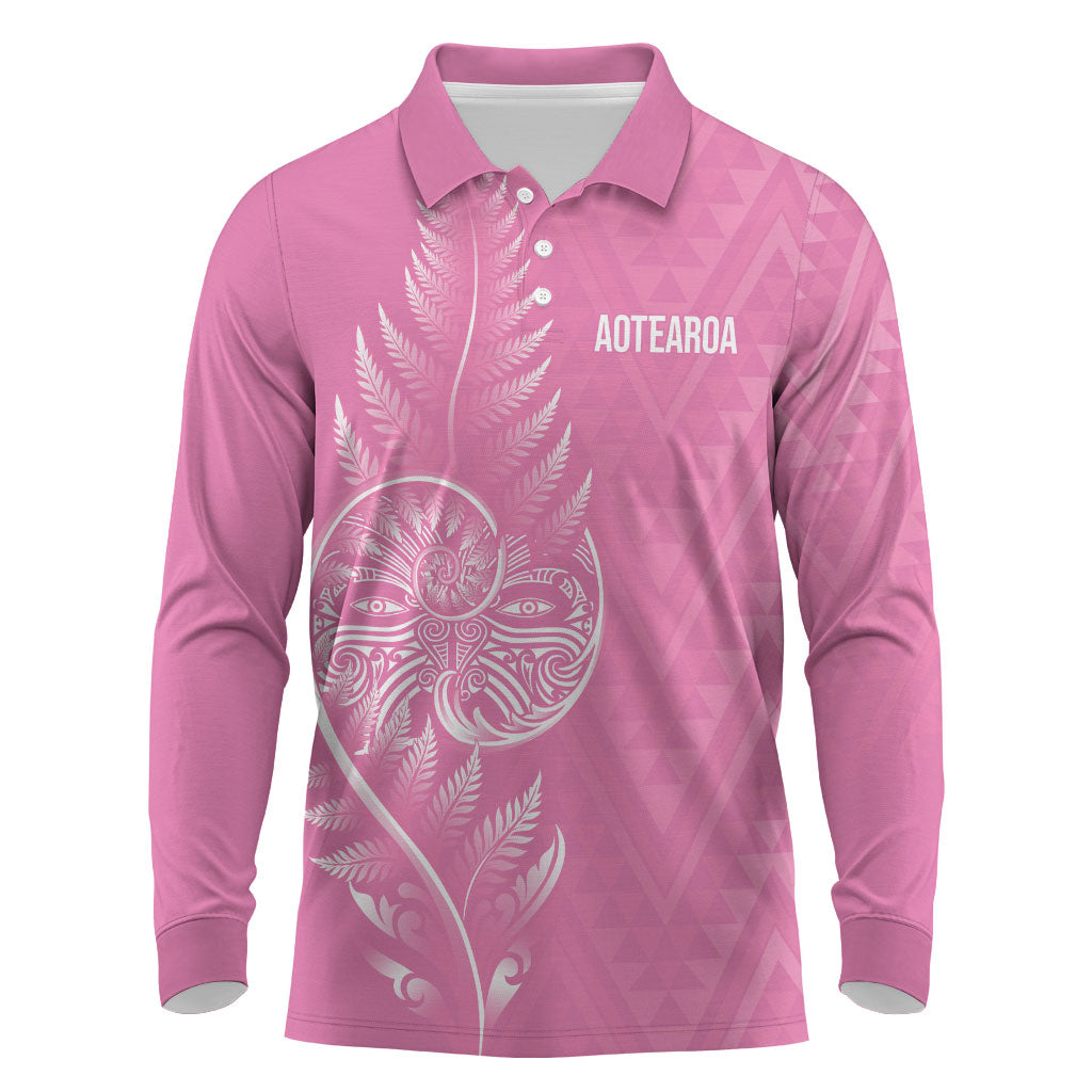 New Zealand Ta Moko Silver Fern Pink Long Sleeve Polo Shirt Taniko Taniwha Motifs