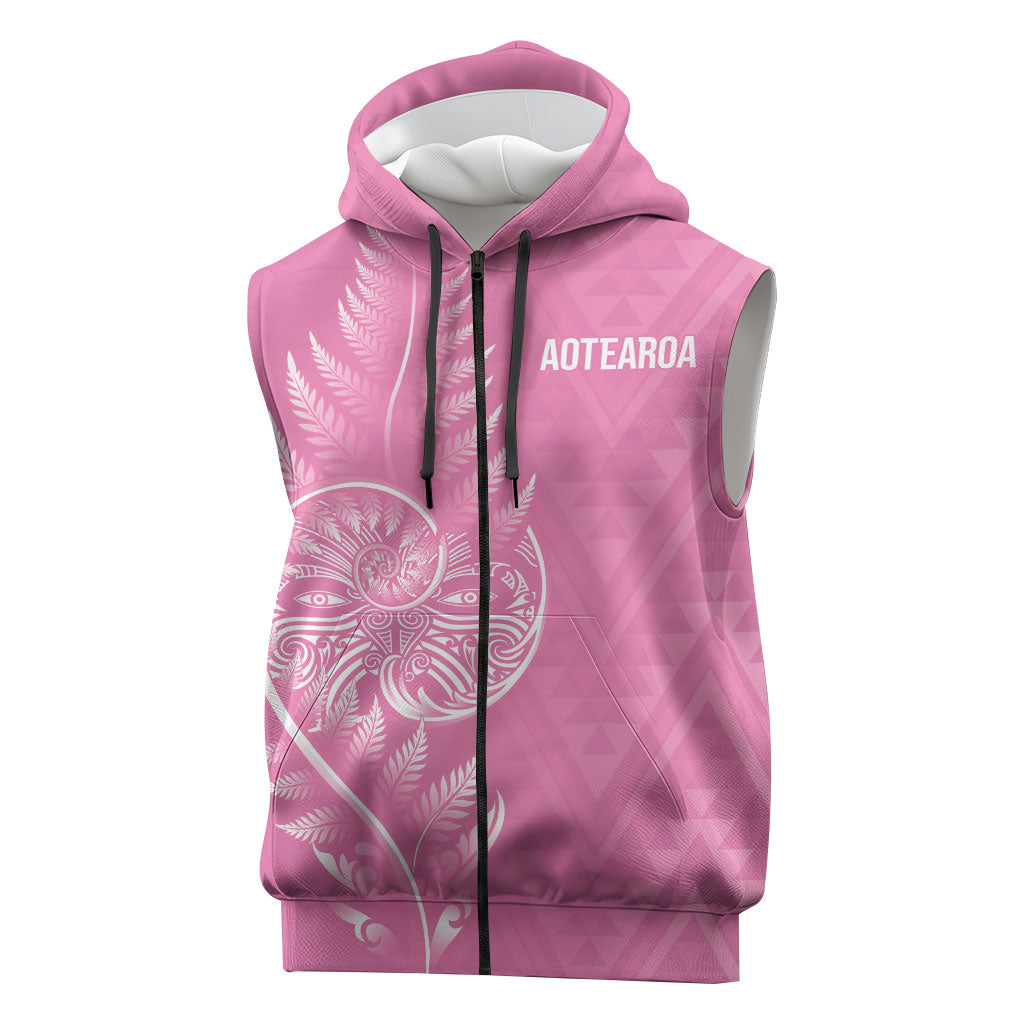 New Zealand Ta Moko Silver Fern Pink Sleeveless Zip Hoodie Taniko Taniwha Motifs