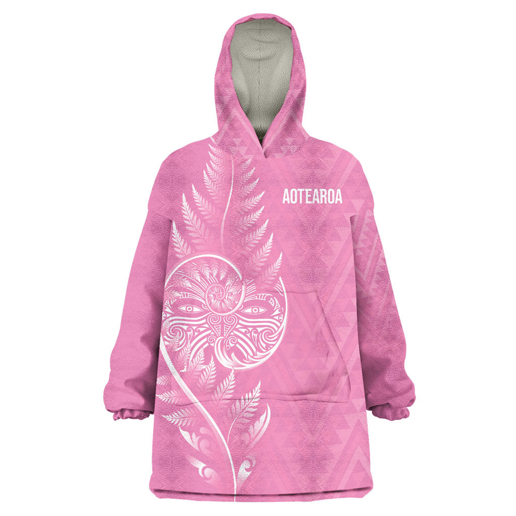 New Zealand Ta Moko Silver Fern Pink Wearable Blanket Hoodie Taniko Taniwha Motifs