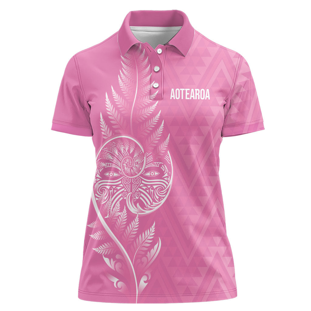 New Zealand Ta Moko Silver Fern Pink Women Polo Shirt Taniko Taniwha Motifs