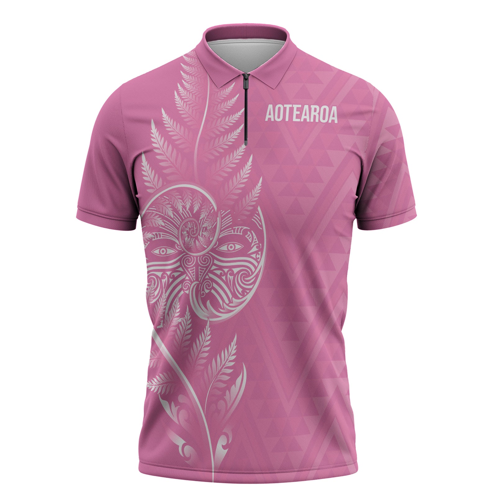 New Zealand Ta Moko Silver Fern Pink Zipper Polo Shirt Taniko Taniwha Motifs