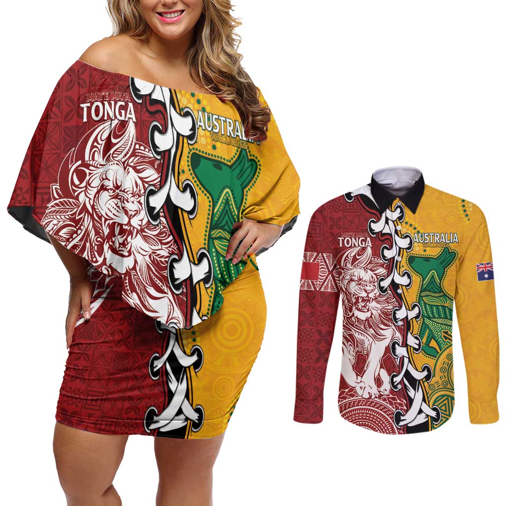 Mate Ma'a Tonga Vs Australia Rugby Personalized Couples Matching Off Shoulder Short Dress and Long Sleeve Button Shirt Special Mascots LT7 Colorful - Polynesian Pride