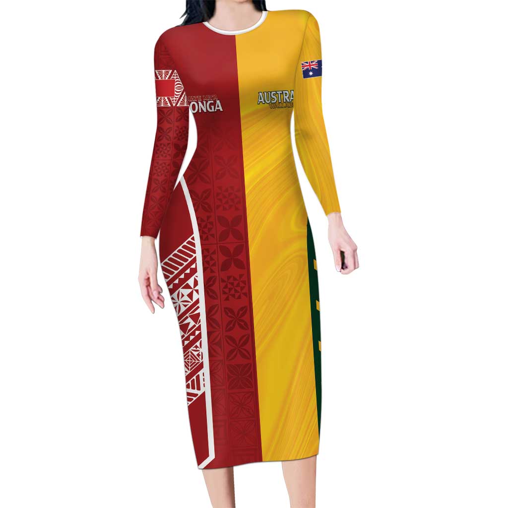 Australia - Tonga Rugby Custom Long Sleeve Bodycon Dress Minimalist Dynamic LT7 Long Dress Colorful - Polynesian Pride