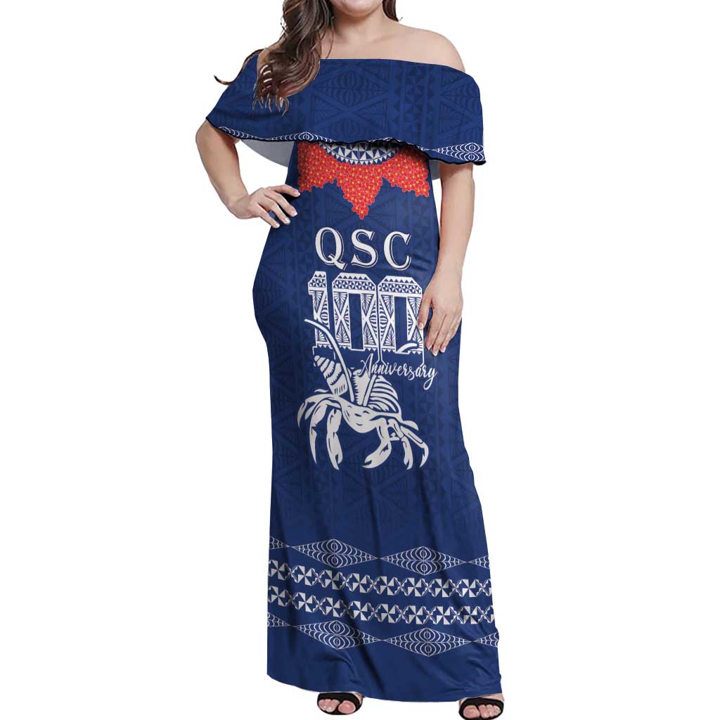 Queen Salote College 100 Years Anniversary Personalized Off Shoulder Maxi Dress Tonga QSC Royal Blue LT7 Women Royal Blue - Polynesian Pride