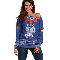 Queen Salote College 100 Years Anniversary Personalized Off Shoulder Sweater Tonga QSC Royal Blue LT7 Women Royal Blue - Polynesian Pride