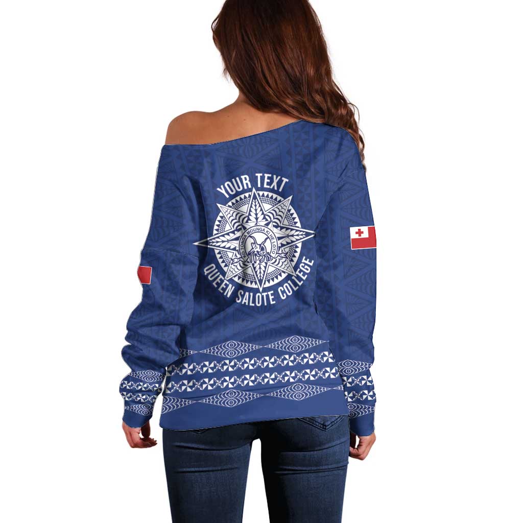 Queen Salote College 100 Years Anniversary Personalized Off Shoulder Sweater Tonga QSC Royal Blue LT7 - Polynesian Pride