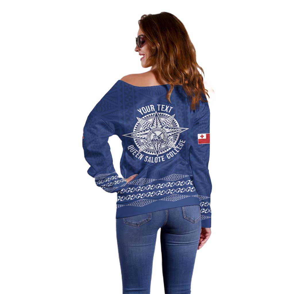 Queen Salote College 100 Years Anniversary Personalized Off Shoulder Sweater Tonga QSC Royal Blue LT7 - Polynesian Pride