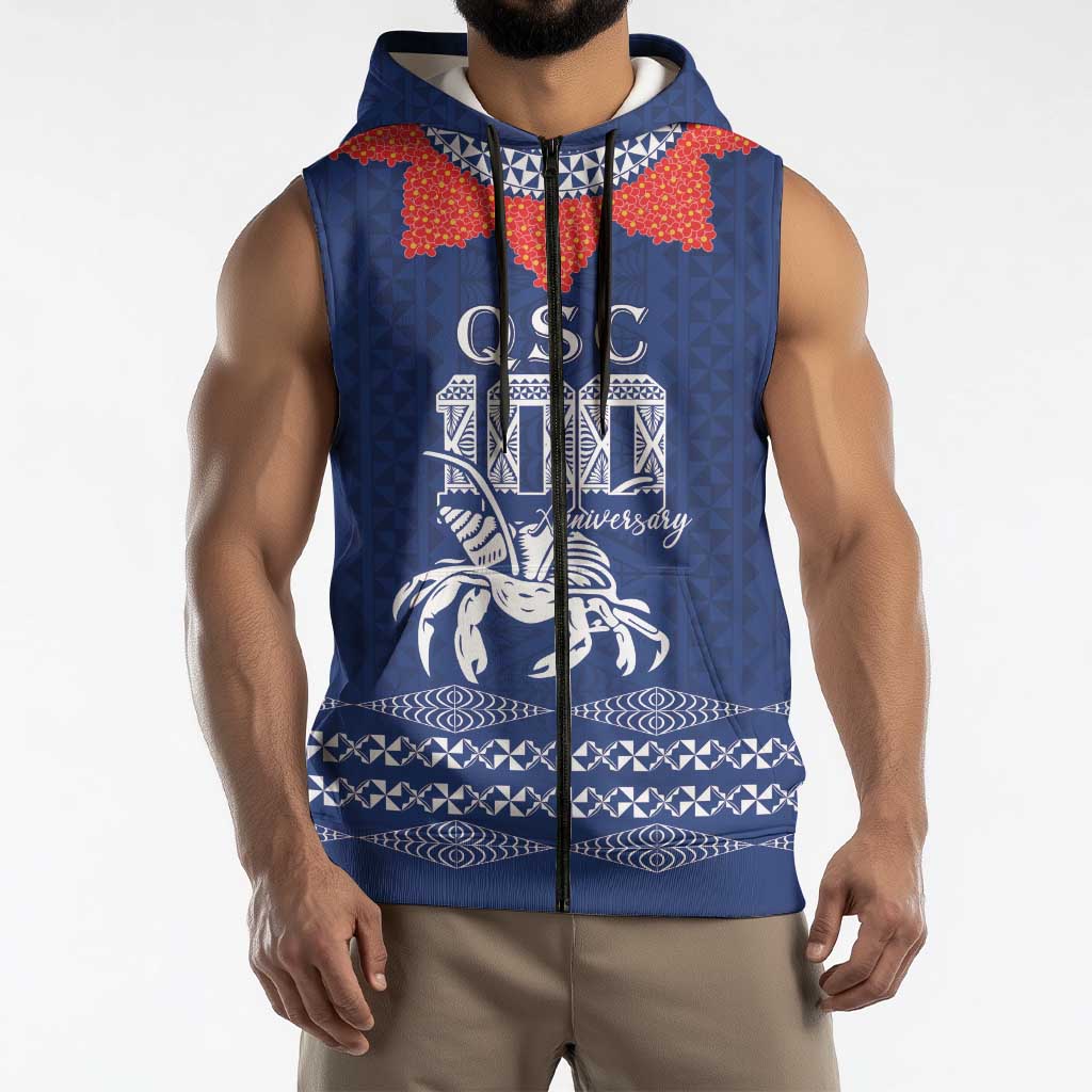 Queen Salote College 100 Years Anniversary Personalized Sleeveless Zip Hoodie Tonga QSC Royal Blue LT7 - Polynesian Pride