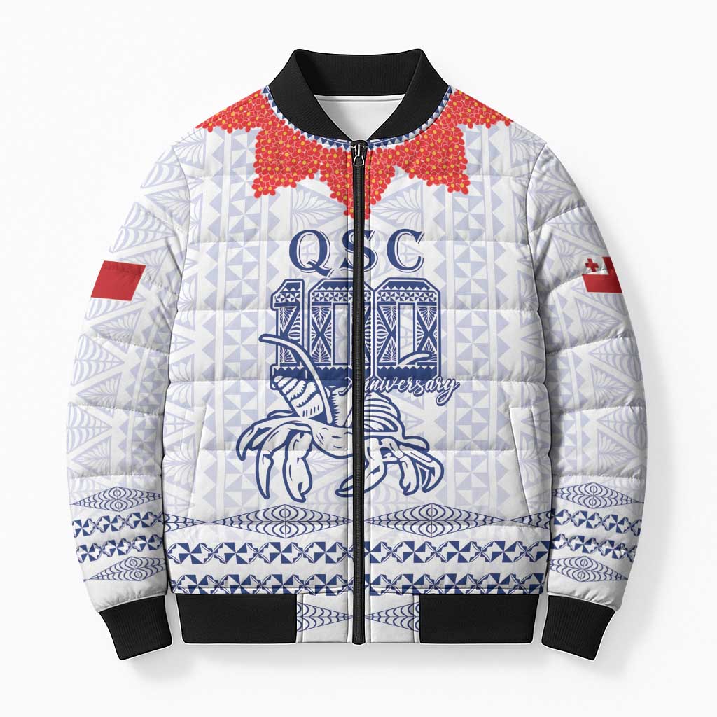 Queen Salote College 100 Years Anniversary Personalized Bomber Puffer Jacket Tonga QSC White LT7 Unisex White - Polynesian Pride