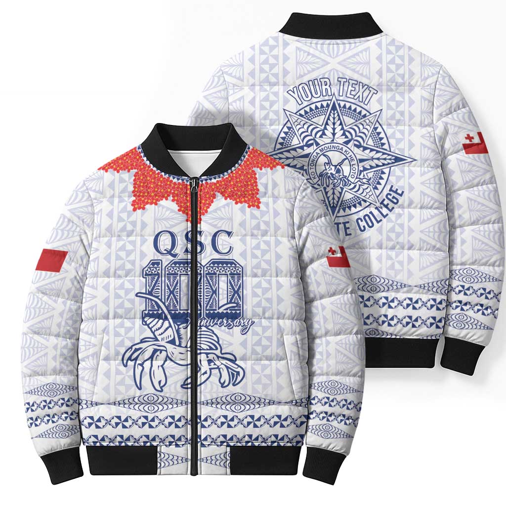 Queen Salote College 100 Years Anniversary Personalized Bomber Puffer Jacket Tonga QSC White LT7 - Polynesian Pride