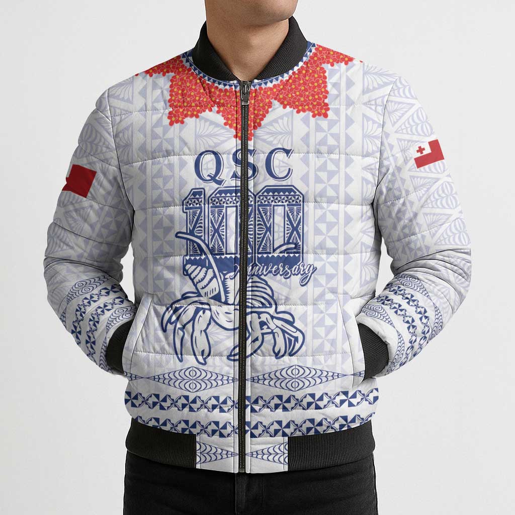 Queen Salote College 100 Years Anniversary Personalized Bomber Puffer Jacket Tonga QSC White LT7 - Polynesian Pride