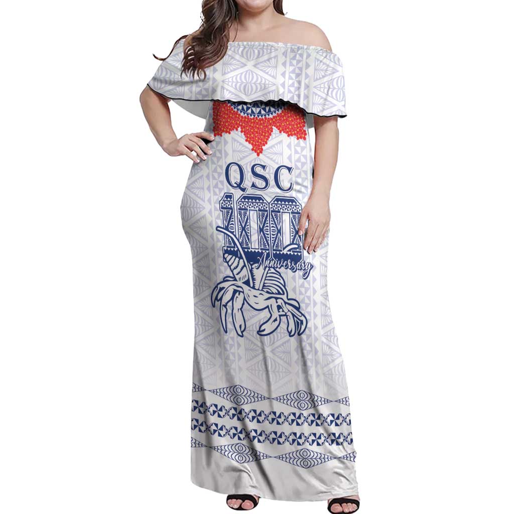 Queen Salote College 100 Years Anniversary Personalized Off Shoulder Maxi Dress Tonga QSC White LT7 Women White - Polynesian Pride
