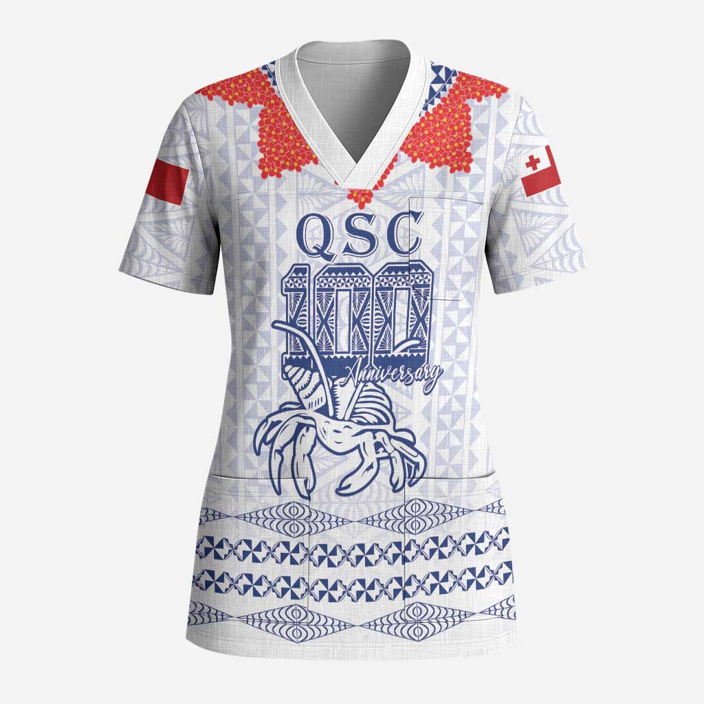Queen Salote College 100 Years Anniversary Personalized Scrub Top Tonga QSC White LT7 Adult White - Polynesian Pride