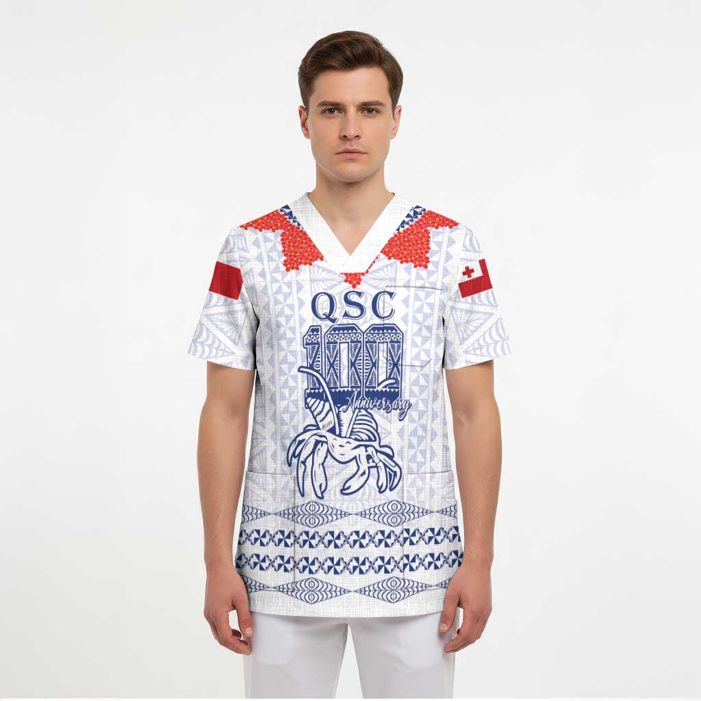 Queen Salote College 100 Years Anniversary Personalized Scrub Top Tonga QSC White LT7 - Polynesian Pride