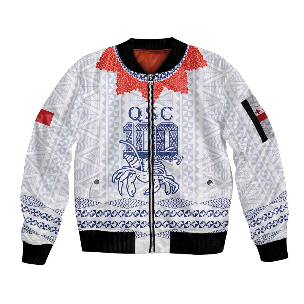 Queen Salote College 100 Years Anniversary Personalized Sleeve Zip Bomber Jacket Tonga QSC White LT7 Unisex White - Polynesian Pride