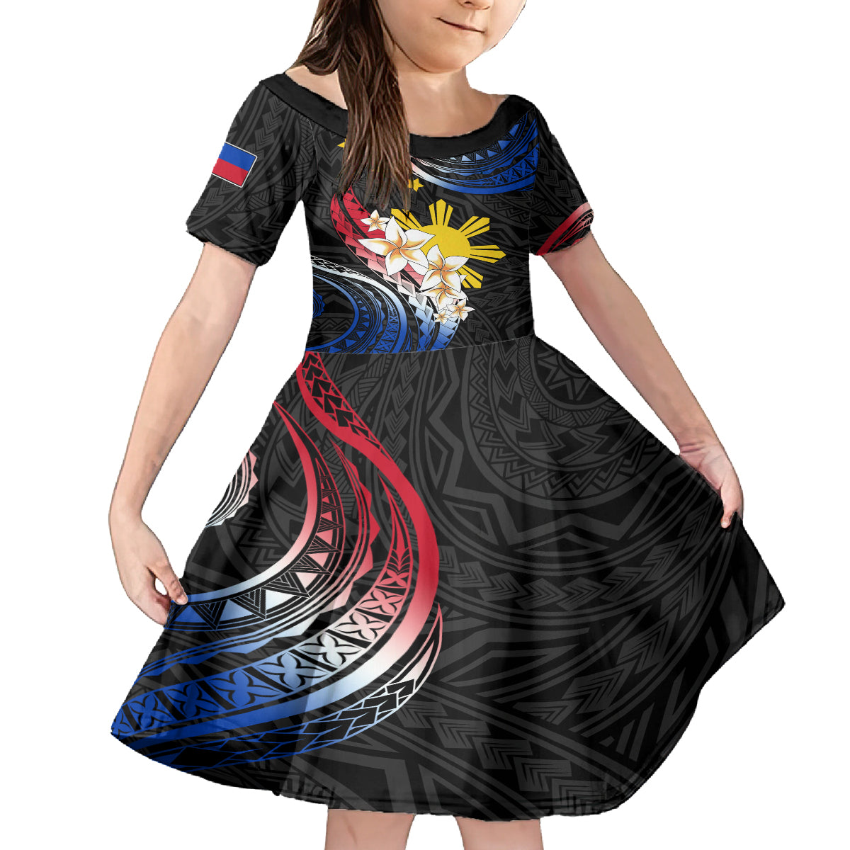 Personalised Philippines Tribal Kid Short Sleeve Dress Mix Plumeria - Flag Colors LT7 KID Black - Polynesian Pride