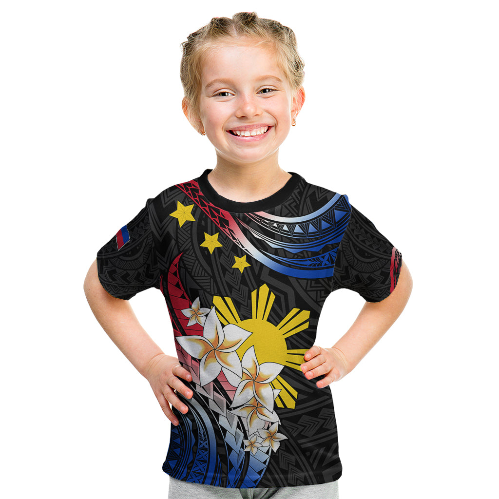 Personalised Philippines Tribal Kid T Shirt Mix Plumeria - Flag Colors LT7 Black - Polynesian Pride