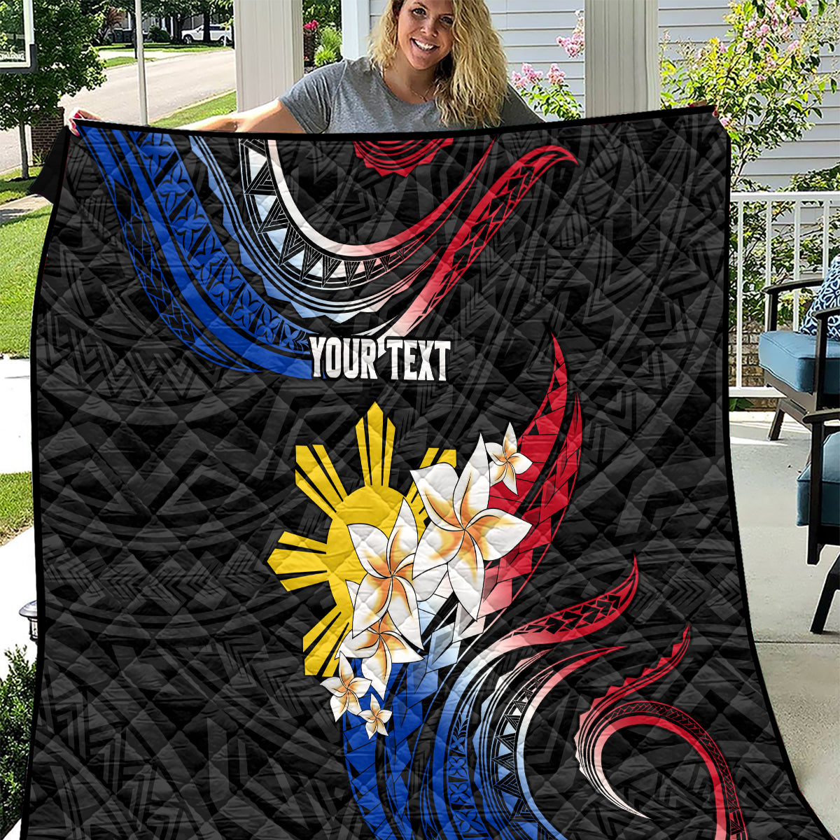 Personalised Philippines Tribal Quilt Mix Plumeria - Flag Colors LT7 Black - Polynesian Pride