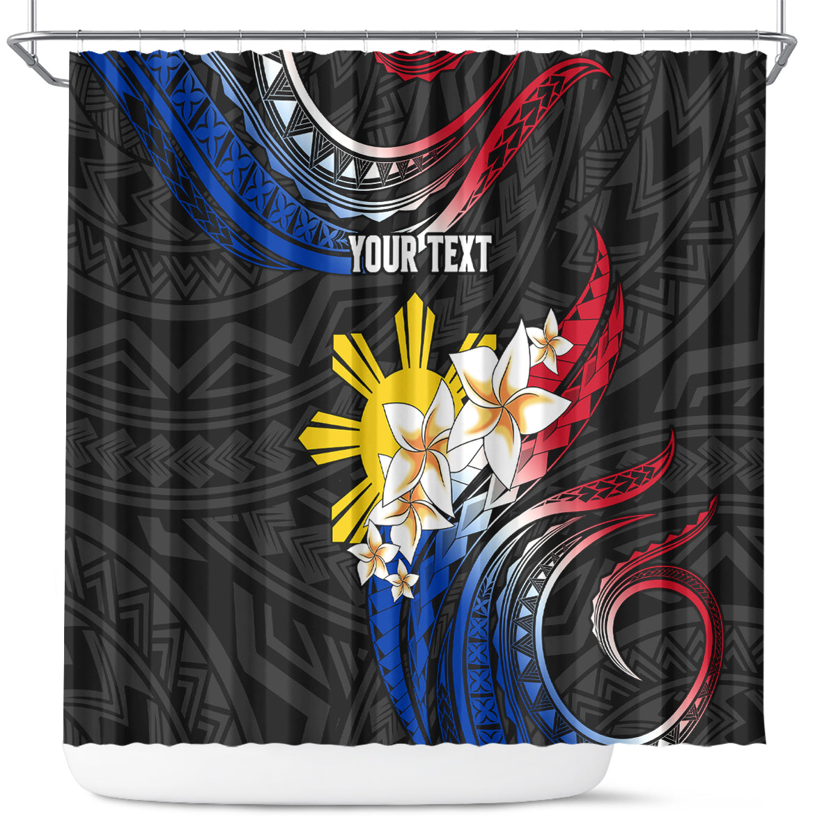 Personalised Philippines Tribal Shower Curtain Mix Plumeria - Flag Colors LT7 Black - Polynesian Pride