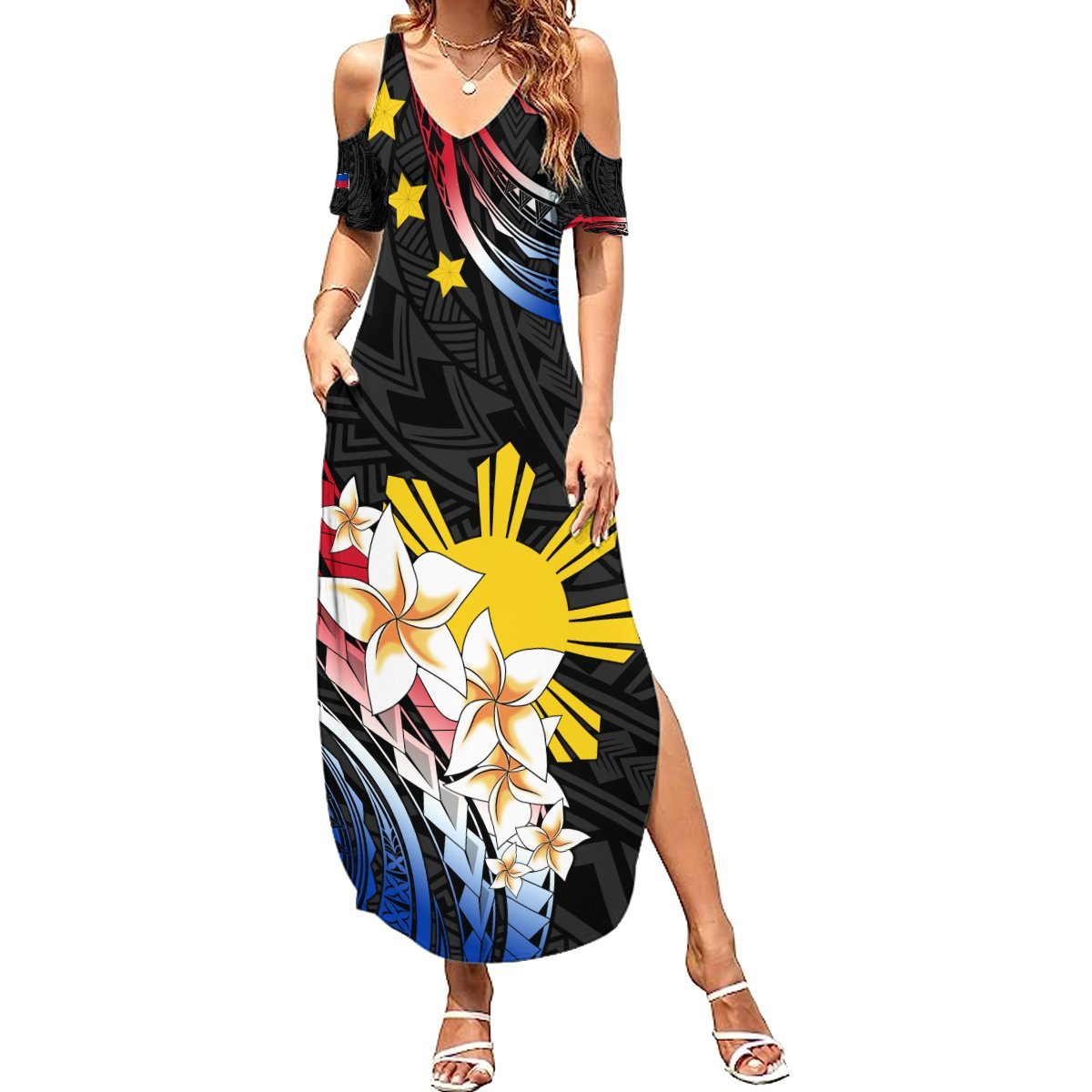 Personalised Philippines Tribal Summer Maxi Dress Mix Plumeria - Flag Colors LT7 Women Black - Polynesian Pride
