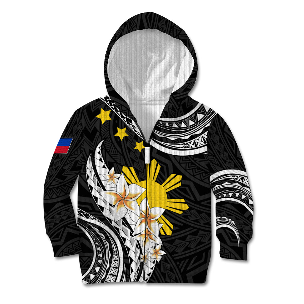 Personalised Philippines Tribal Kid Hoodie Mix Plumeria LT7 Zip Hoodie Black - Polynesian Pride