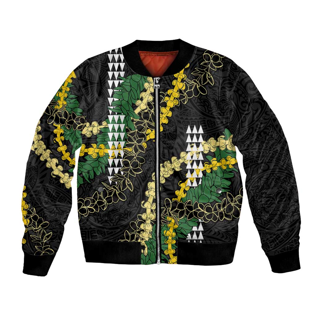 Hawaii Aloha Kakau Bomber Jacket Puakenikeni and Maile Lei Twist LT7 Unisex Black - Polynesian Pride