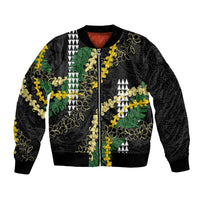Hawaii Aloha Kakau Bomber Jacket Puakenikeni and Maile Lei Twist LT7 Unisex Black - Polynesian Pride